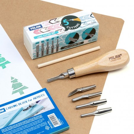 Jeu de 5 lames et d'un manche en bois pour la gravure du linoléum